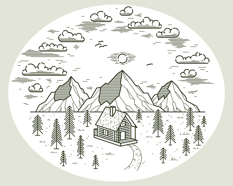 Log cabin wooden house in pine forest over mountain range vector nature illustration isolated on white, cottage woodhouse for rest in pine forest, holidays and vacations theme line art drawing.