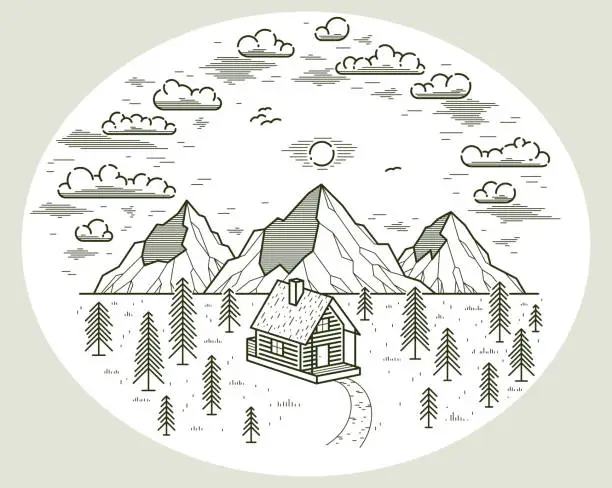 Vector illustration of Log cabin wooden house in pine forest over mountain range vector nature illustration isolated on white, cottage woodhouse for rest in pine forest, holidays and vacations theme line art drawing.