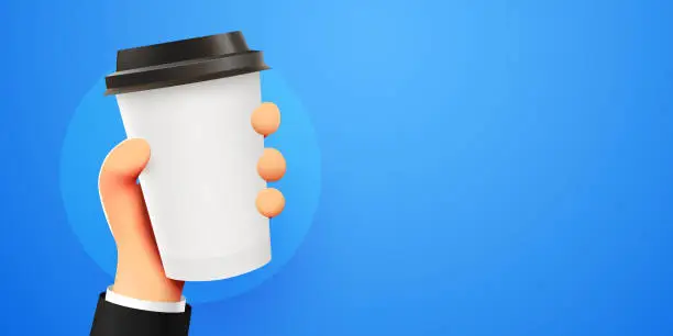 Vector illustration of 3d cartoon hand holding white coffee cup.