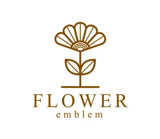 Vector illustration of Geometric linear style vector flower logo or emblem isolated on white, sacred geometry floral symbol line drawing emblem, blossoming flower hotel or boutique or jewelry logotype.