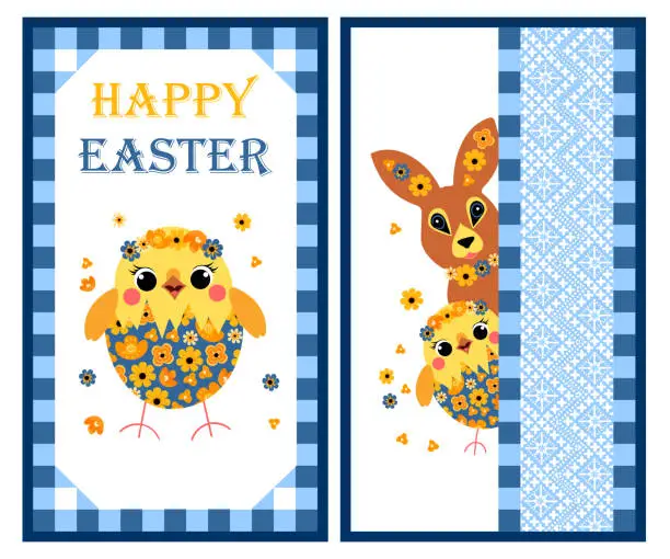 Vector illustration of Postcards for Easter Day. Cute chicken. Easter bunny and chick peeking out