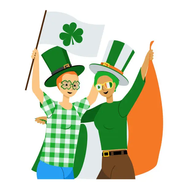 Vector illustration of Irish people celebrating Saint Patrick's Day and holding national flags