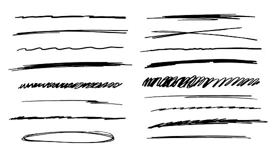 strikethrough underlines, set brush stroke, marker lines grunge curve, wvy free hand marks textured simple borders isolated on white background. Creative collection scribble brush or crayon checks.