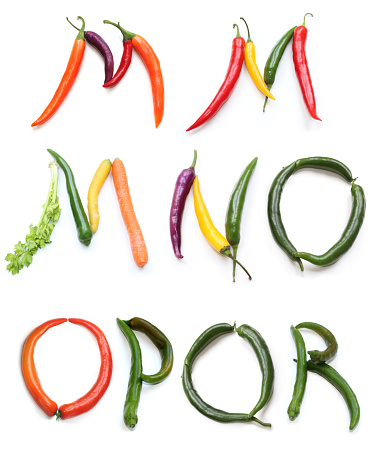 collection of letters m n o p q r made from green orange red purple yellow chili pepper and celery plant stick alphabetic capital letters made of chillies, vegetables and lettuce, for menu text, encyclopedia, cook book, cookery books, word vegan January, letters isolated of vegetable for plant based burger recipes, invitation lunch voucher card coupon