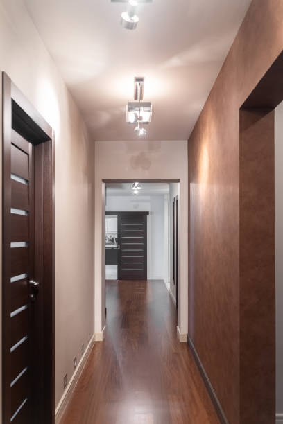 istock empty corridor with wooden doors to other rooms in modern house 2112010389