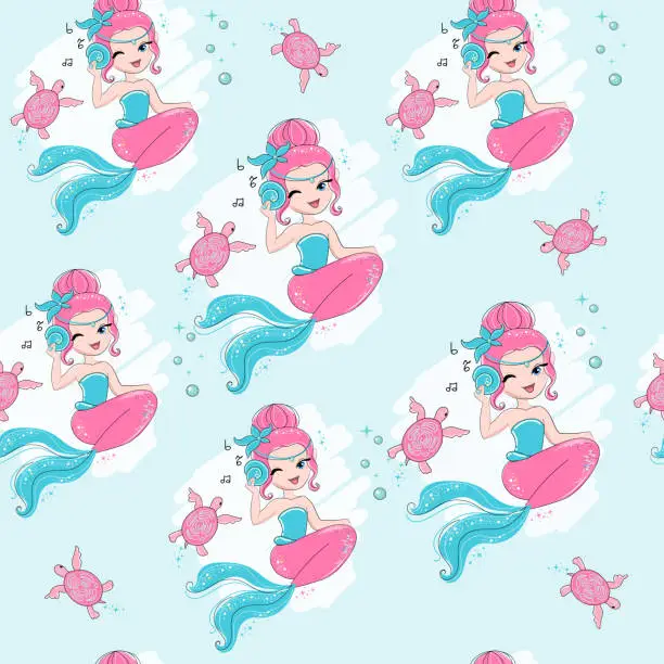 Vector illustration of Beautiful mermaid and turtle on a blue background seamless pattern. Cartoon illustration for kids. T-shirt art, pajamas print