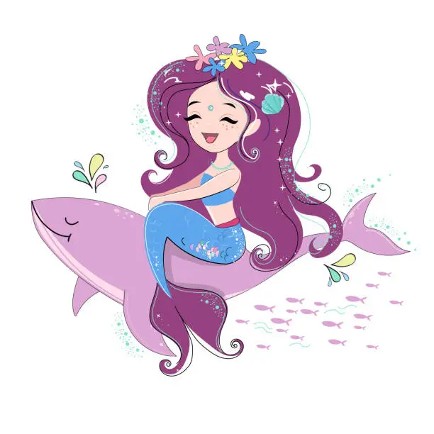 Vector illustration of Cute cartoon illustration with beautiful mermaid and lilac whale on a white background. T-shirt art, pajamas print