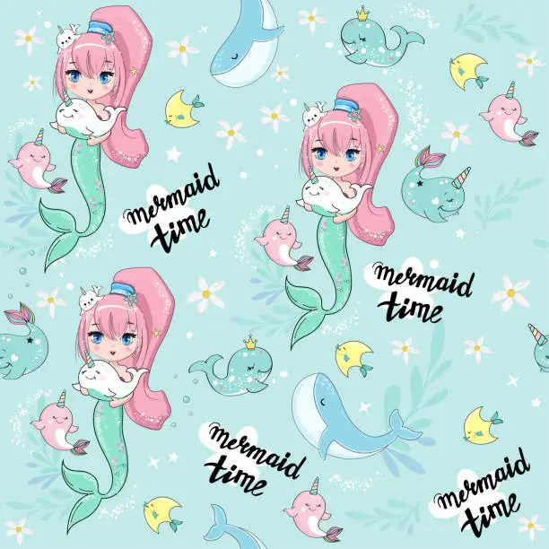 Vector illustration of Beautiful mermaid and little whales unicorns in anime style seamless pattern. Vector illustration on a blue background. Print for children's T-shirt