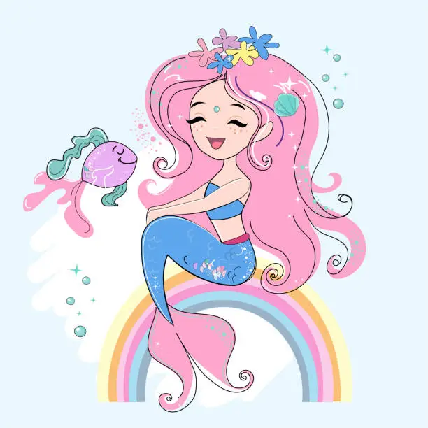 Vector illustration of Cute cartoon illustration with beautiful mermaid and rainbow. T-shirt art, pajamas print for kids. summer time