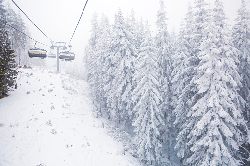 Six seat ski lift through the snow covered high pine trees in the cloud.