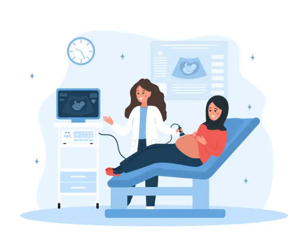 Vector illustration of Ultrasound pregnancy screening concept. Female doctor doing fetus screening to future mother. Arab girl with belly looking in monitor. Embryo health diagnostic. Cartoon vector illustration