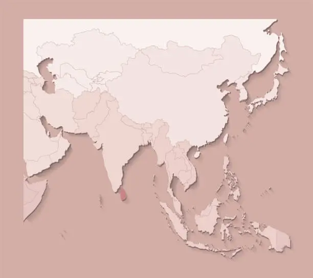 Vector illustration of Vector illustration with asian areas with borders of states and marked country Sri Lanka; Political map in brown colors with regions. Beige background