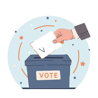 Human hand releases a piece of paper into the ballot box. Voting procedure. Hand putting paper in the box. Vector illustration