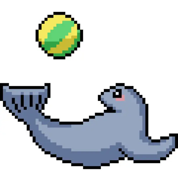 Vector illustration of pixel art of seal play ball