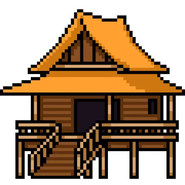 Vector illustration of pixel art of small thai hut