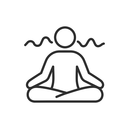 Meditation. Mantra, linear icon. Man in lotus posture and sound waves. Line with editable stroke