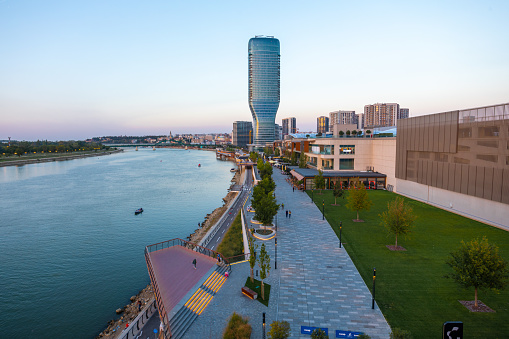 Belgrade, Serbia - October 5, 2023: Belgrade Waterfront - a new luxury neighborhood on the banks of the Sava River