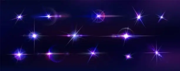 Vector illustration of Light glow. Purple spark. Shine star. Bright flare or glitter shiny effect. Glossy glare. Twinkling gold flash. Camera lens sparkle. Starlight rays. Vector exact illuminated elements set