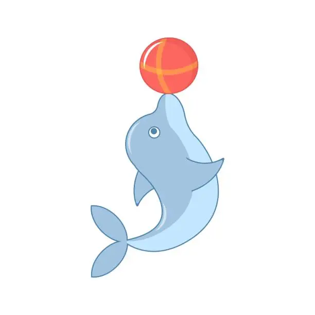 Vector illustration of Cute happy blue dolphin cartoon playing beach ball