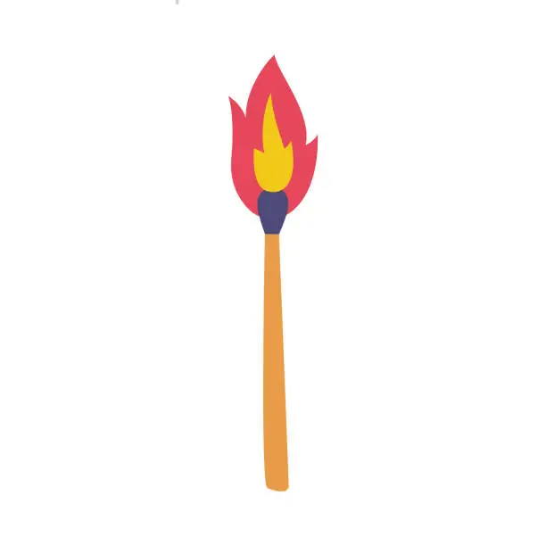 Vector illustration of Burning Match Wooden Stick with Blazing Flame on Top Vector Illustration