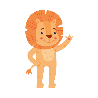 Funny Lion Character with Mane Waving Paw and Smiling Vector Illustration. African Mammal with Cute Snout