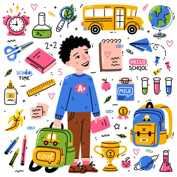 Vector illustration of Boy School Pupil with Backpack and Different Supplies Vector Set