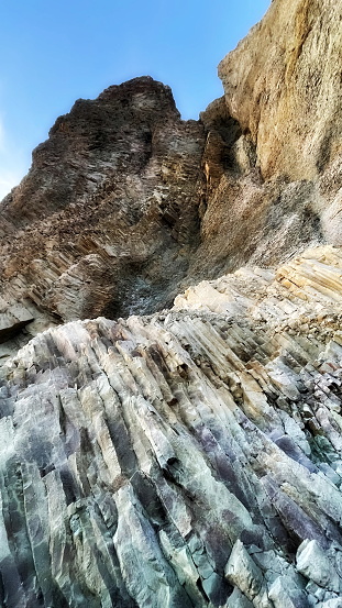 Majestic Rock Formations Towering Skyward. Geology Unveiled in Striated Cliffs and Layers. Crimea