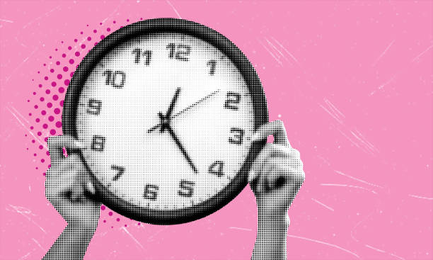 istock Art collage, time planning, timelapse, time at hand, hand with clock on pink background. 2112072997