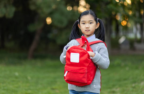 istock Primary school girls Take something from the backpack 2112075724