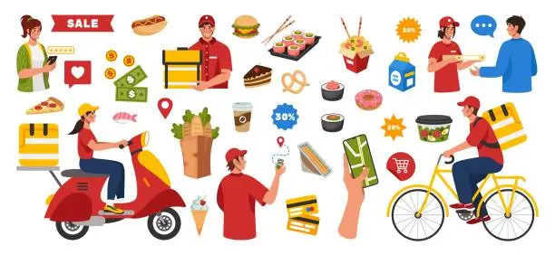 Vector illustration of Food delivery. Takeaway lunch. Courier on fast scooter or bike. People with sushi or pizza. Online service app. Pay for purchase. Cafe delivering elements set. Vector flat tidy illustration