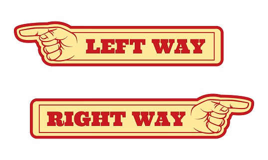 Circus stickers. Left or right way pointers. Fairground billboards. Retro attraction park labels. Entertainment game signboards. Direction fair icon. Isolated festival signposts. Vector pointing hands