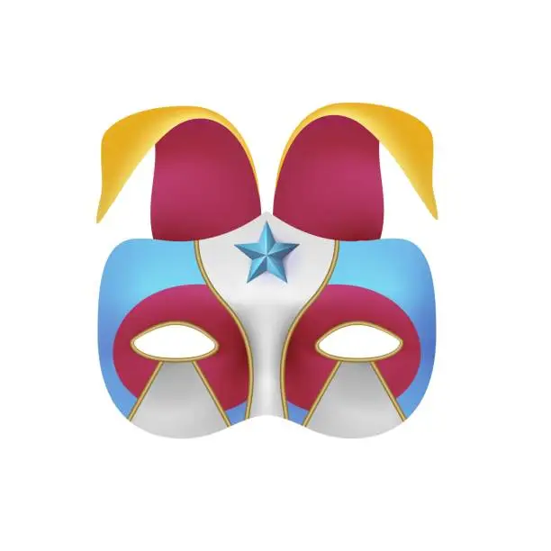 Vector illustration of Venice carnival mask. Masquerade party. Harlequin face. Brazil festival. Mardi Gras show. Joker costume. Venetian parade. Theatrical 3D disguise. Vector theater performance element