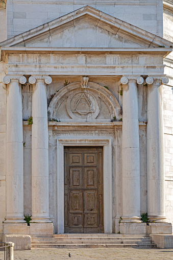 Venice, Italy - June 16, 2019: Entrance to Chiesa di Santa Maria Maddalena Church at Sestiere of Cannaregio in Venezia Summer Day.