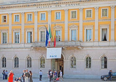 Bergamo, Italy - June 13, 2019: Palace del Comune Government Building at Giacomo Matteotti Square in City Centre.
