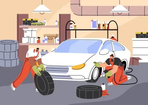 Vector illustration of Tire service in auto repair station. Professional mechanics change, fitting wheels. Repairmen fix breakdowns, problems of car suspension in automobile workshop, garage. Flat vector illustration