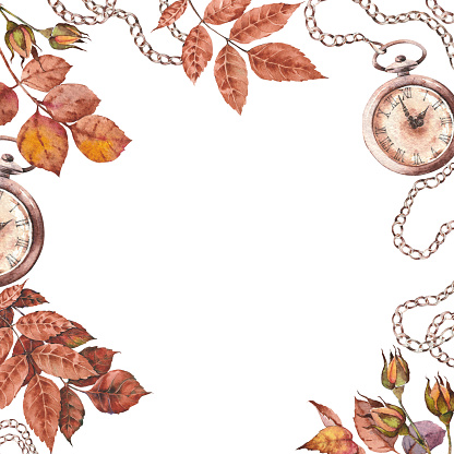 Square card with vintage pocket watches and autumn leaves. Hand painted watercolor illustration.