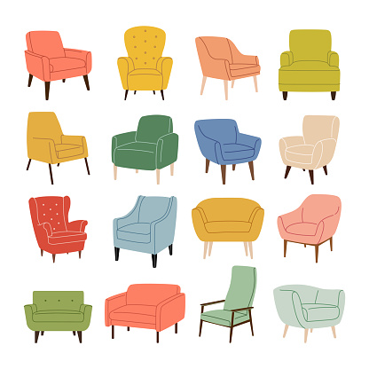 Armchair set. Collection of modern colorful upholstered chairs. Cushioned modern seat furniture. Trendy scandinavian armchairs. Cartoon flat vector illustration isolated on a white background.