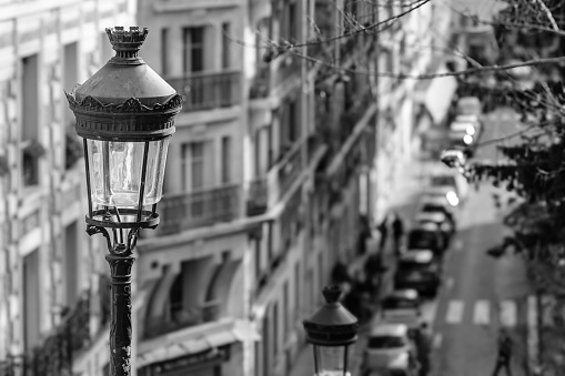 View of a typical lantern in the Montmartre area in Paris France in black and white