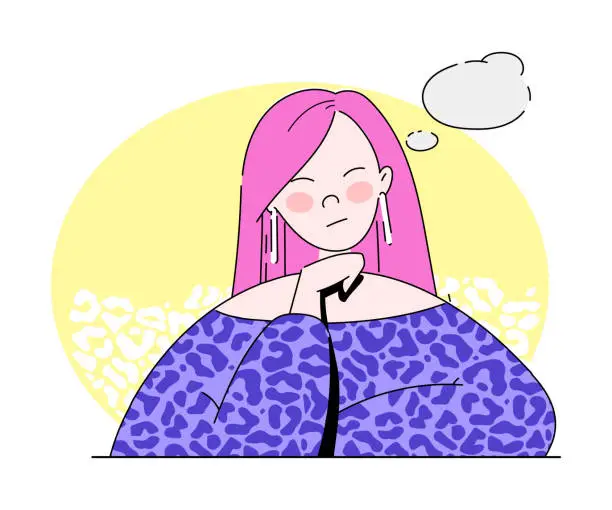 Vector illustration of Young Thinking Woman with Purple Hair and Empty Thought Bubble Vector Illustration