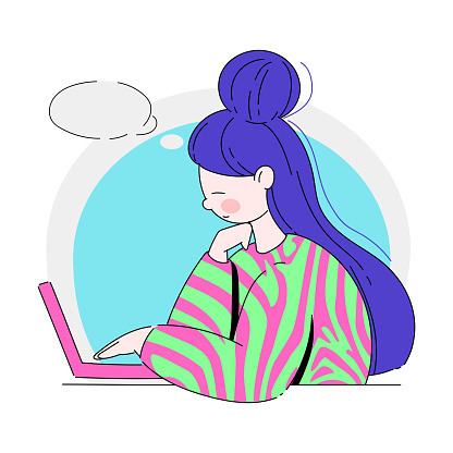 Young Woman at Laptop Thinking with Empty Thought Bubble Vector Illustration. Female Character in Thoughtful Pose