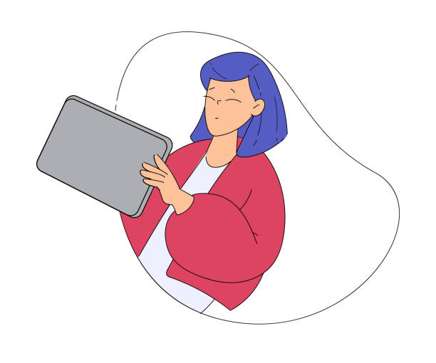 istock Smiling Woman Character Looking Out of Shape with Tablet Vector Illustration 2112111808