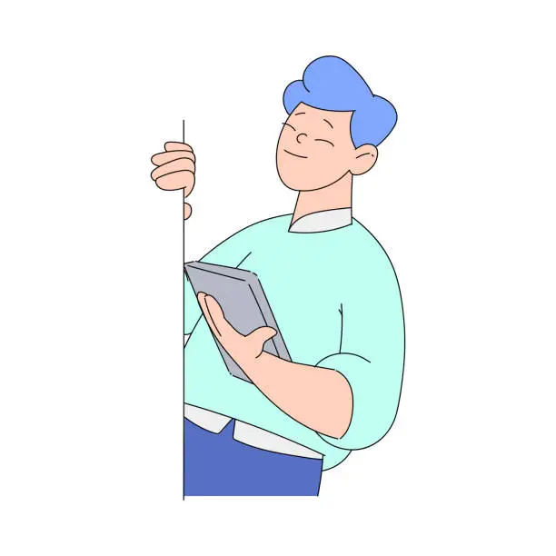 Vector illustration of Smiling Man Character Looking Out of Corner with Tablet Vector Illustration