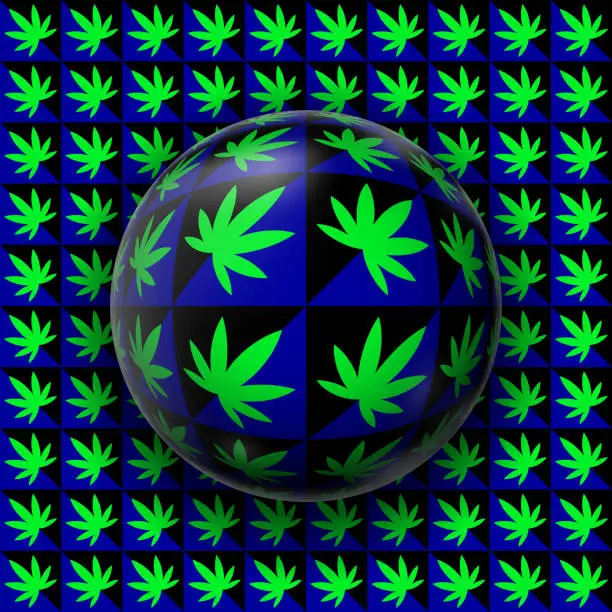 Vector illustration of Sphere on surface with hemp leaf pattern seems to be moving. Optical illusion illustration.