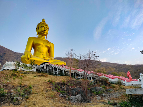 A large golden-yellow Buddha statue sits high on a mountain with a white building in front.