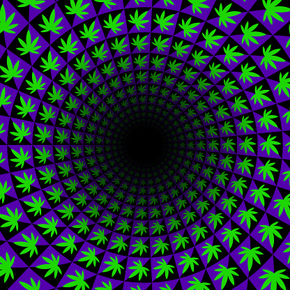 Circular pattern of hemp leaf shapes. It seems that they spin slowly around black hole. Optical illusion background for music party poster design.