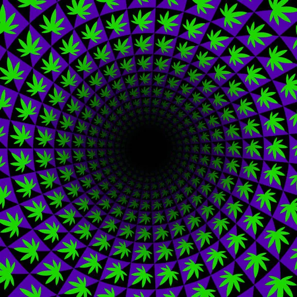 Vector illustration of Circular pattern of hemp leaf shapes. It seems that they spin slowly around black hole. Optical illusion background for music party poster design.