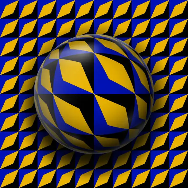 Vector illustration of Sphere on surface with black blue golden geometric pattern seems to be moving. Optical illusion illustration.