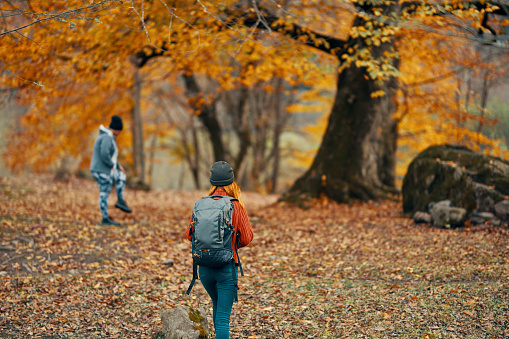 woman with a backpack are walking in the autumn forest in nature landscape trees passers-by model