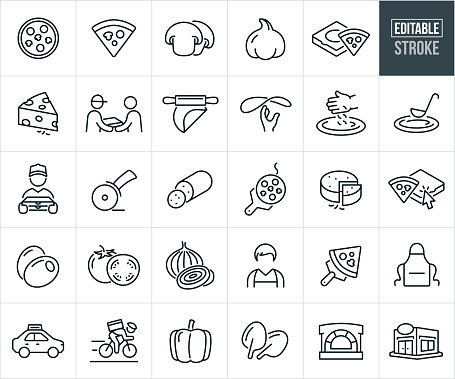 A set of pizza icons that include editable strokes or outlines using the EPS vector file. The icons include a full pizza with toppings; slice of pizza; sliced mushrooms; garlic; pizza box with pizza; block of Swiss cheese; pizza dough being rolled out; hand tossing pizza into air; hand putting cheese on pizza; ladle spreading pizza sauce on pizza dough; pizza delivery person with boxes of pizza; pizza cutter; pepperoni; pizza from oven; pizza delivery man delivering pizza to customer; online pizza delivery olives; tomatoes; onion; cook working a pizza shop; apron; pizza delivery car; person delivering pizzas on bicycle; bell pepper; spinach; pizza oven and pizza restaurant.