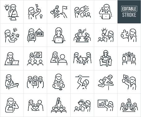 A set of female business leaders, business owners and businesswomen icons that include editable strokes or outlines using the EPS vector file. The icons include a businesswoman at her desk brainstorming creative business solutions, businesswoman holding the key to a lock, female business leader climbing a mountain to a flag at the summit, female business leader shouting through bullhorn to co-workers, businesswoman at computer talking on phone, female business leader juggling work tasks, female business owner wearing apron and an open sign, businesswoman working on laptop, female business owner breaking the glass ceiling concept, female business leader holding up a lightbulb with workers in the background, business leader holding a missing piece to a puzzle, female business leader giving a presentation to a group of employees, female human resources manager interviewing a job candidate, two businesswomen putting two puzzle pieces together, female business owner working from home on laptop computer, female business leader at the top of a podium with a medal around her neck, female business leader giving a speech from a podium, three business leaders standing together, female business leader holding an award, female business manager giving presentation to co-workers in a boardroom, female entrepreneur jumping a hurdle while holding a briefcase, businesswoman holding a recognition award, female business leader making a deal with a handshake, businesswoman giving presentation to an audience of people, female manager using a whistle to referee co-workers and three businesswomen sitting at table working on laptops.